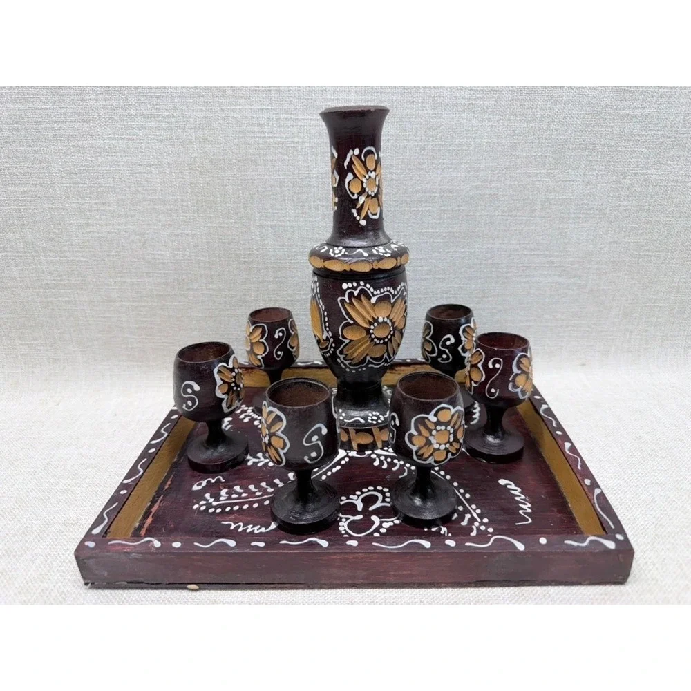 Vintage Hand Painted Carved Wood Decanter Set Tray 6 Goblets‎ Folk Art Barware